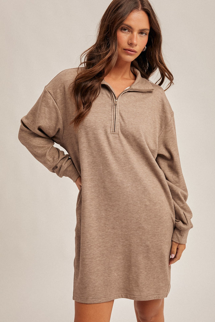 Taupe Brushed Quarter Zip Jersey Lounge Sweatshirt Dress