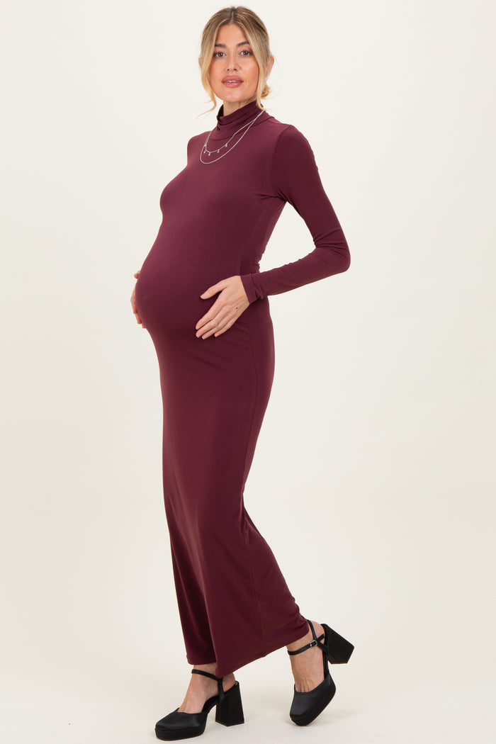 Burgundy Turtleneck Long Sleeve Maternity Maxi Dress