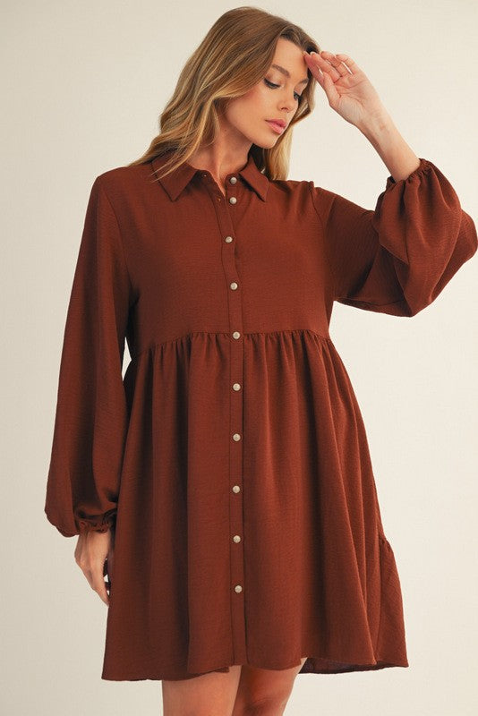 Brown Tiered Back Detail Button Down Dress