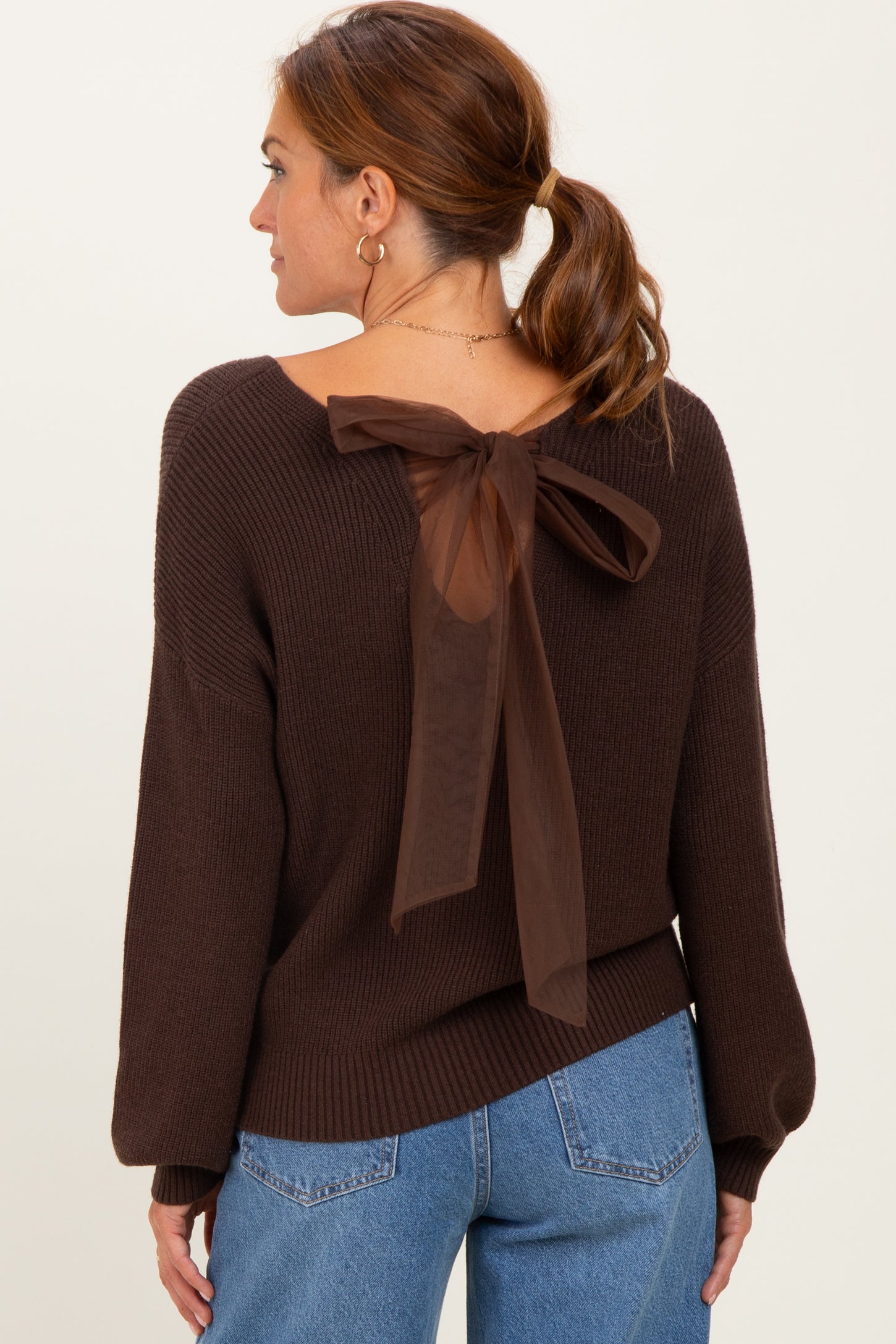 Brown V-Neck Drop Shoulder Back Bow Tie Detail Sweater