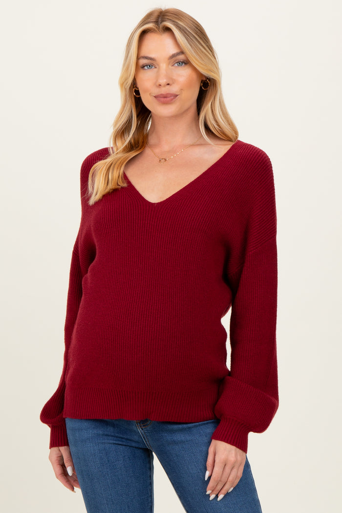 Burgundy V-Neck Drop Shoulder Back Bow Tie Detail Maternity Sweater