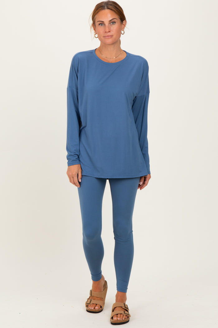 Dusty Blue Brushed Knit Maternity Oversized Top and Legging Set
