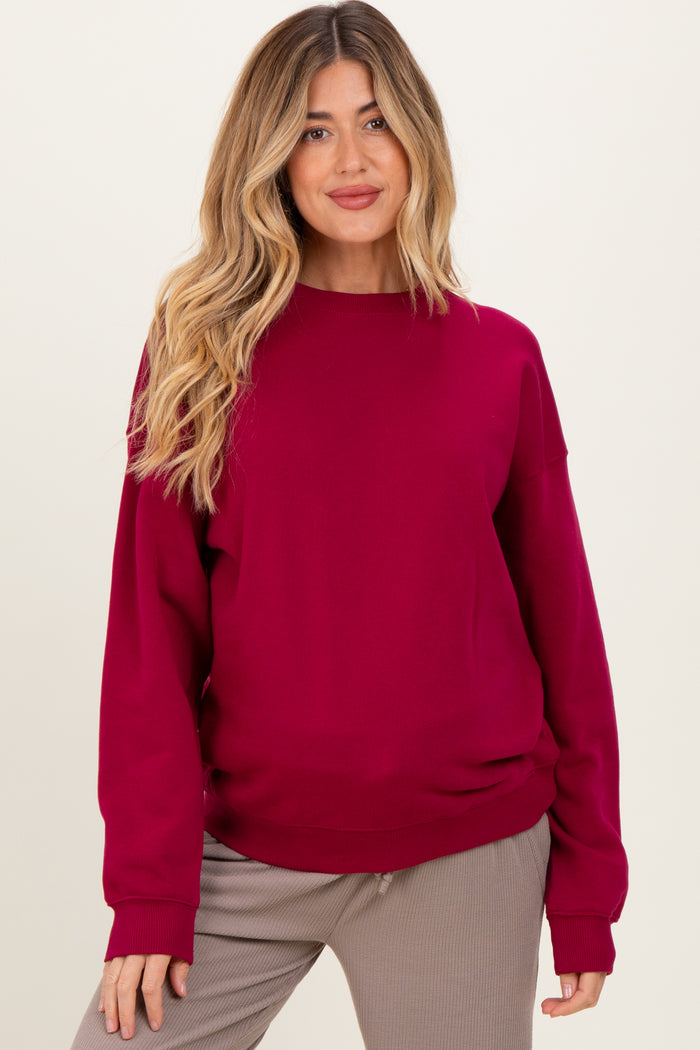 Burgundy Fleece Crew Neck Relaxed Fit Maternity Sweatshirt