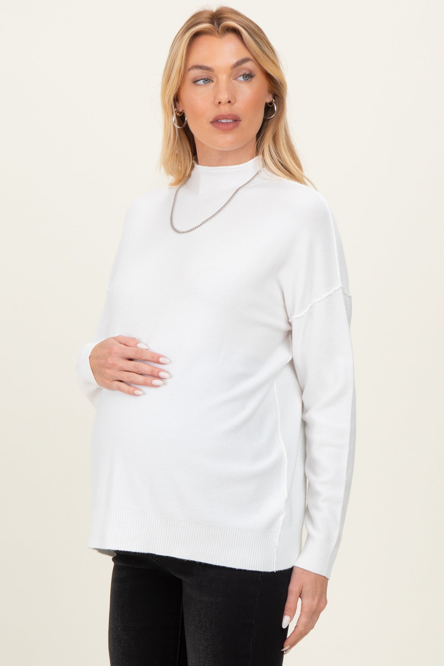 Ivory Mock Neck Exposed Seam Maternity Sweater