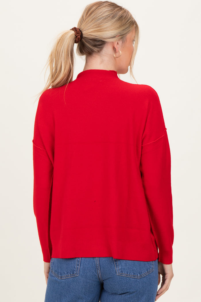 Red Mock Neck Exposed Seam Sweater