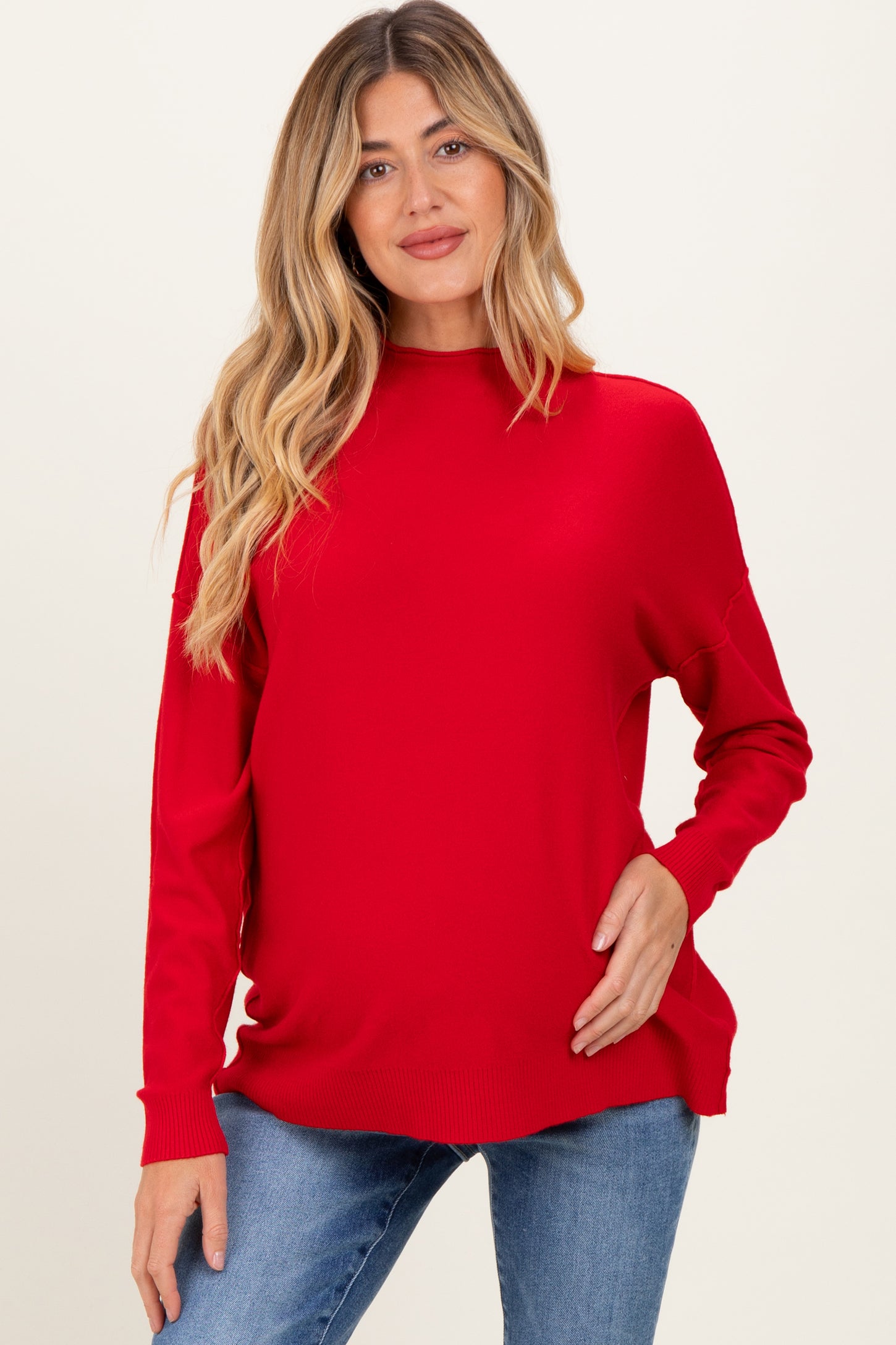 Red Mock Neck Exposed Seam Maternity Sweater