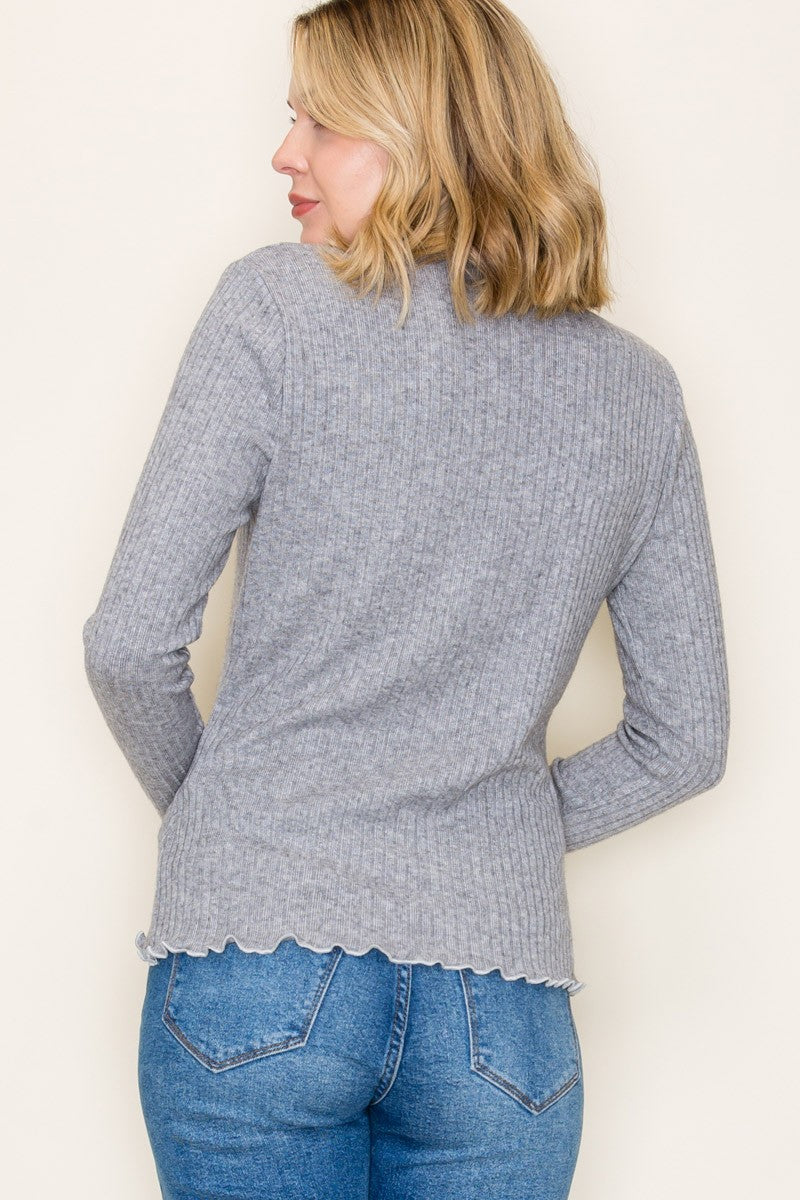Heather Grey Ribbed Mock Neck Ruffle Hem Long Sleeve Top
