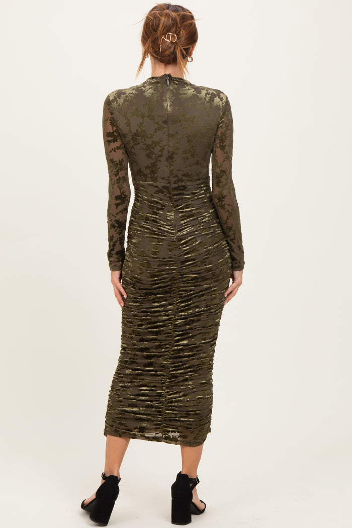 Olive Floral Velvet Mesh Ruched Midi Dress