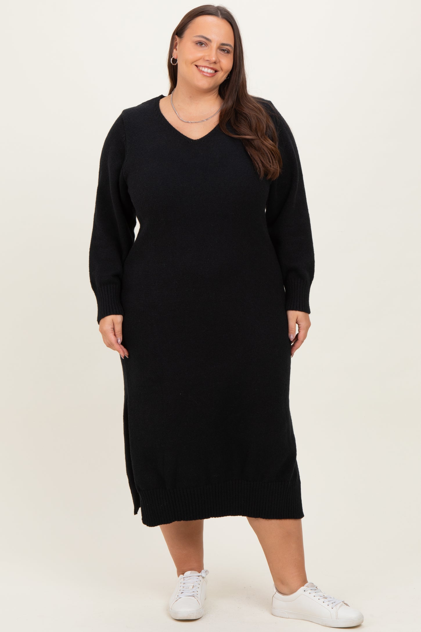 Black V-Neck Relaxed Fit Maternity Plus Sweater Dress