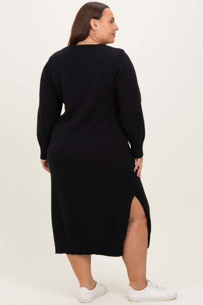 Black V-Neck Relaxed Fit Plus Sweater Dress