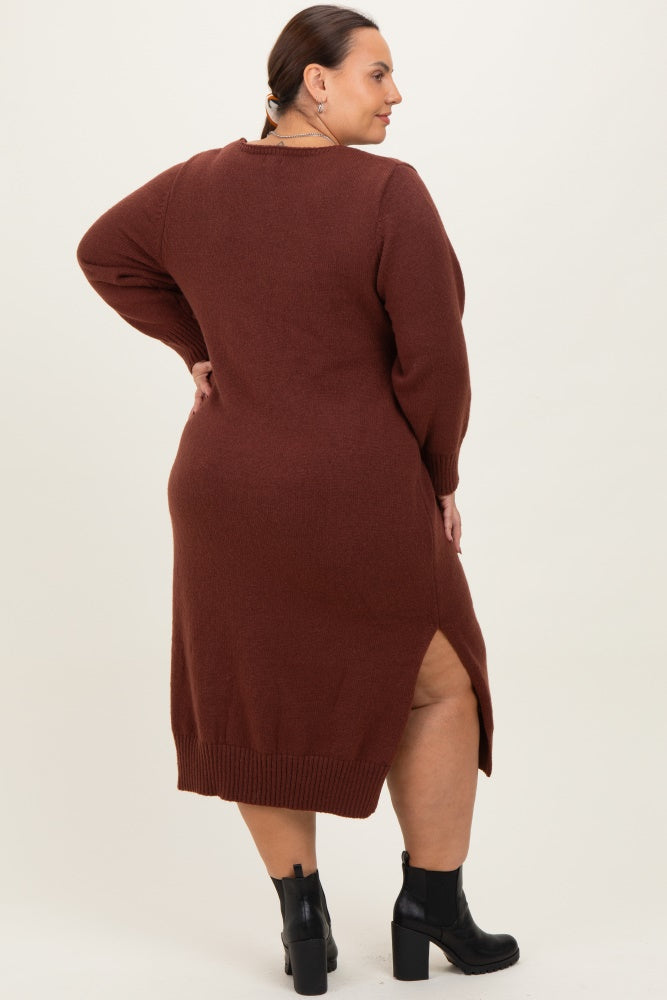 Brown V-Neck Relaxed Fit Plus Sweater Dress