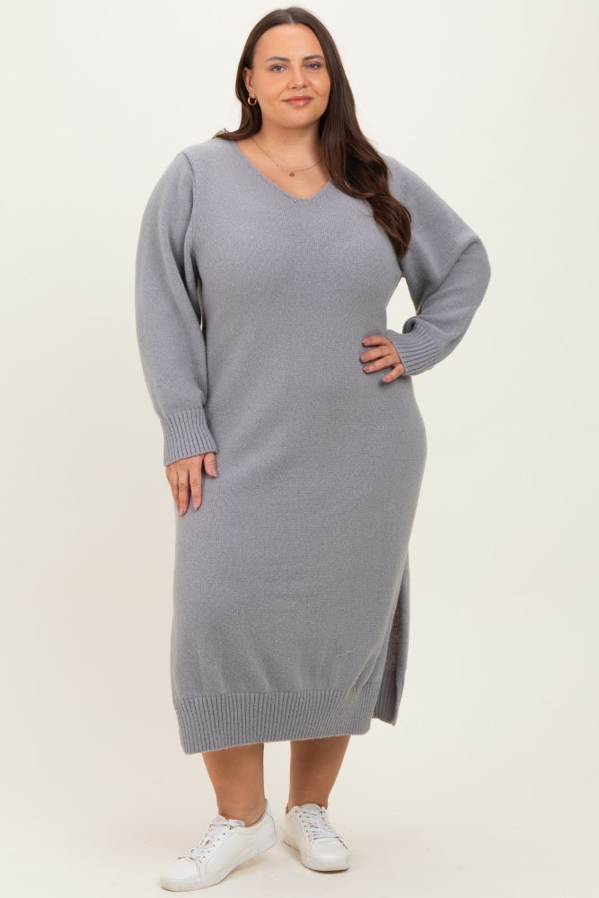 Heather Grey V-Neck Relaxed Fit Plus Sweater Dress