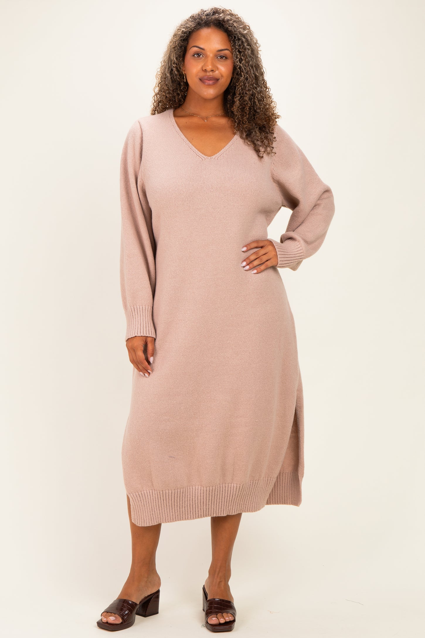 Taupe V-Neck Relaxed Fit Maternity Plus Sweater Dress