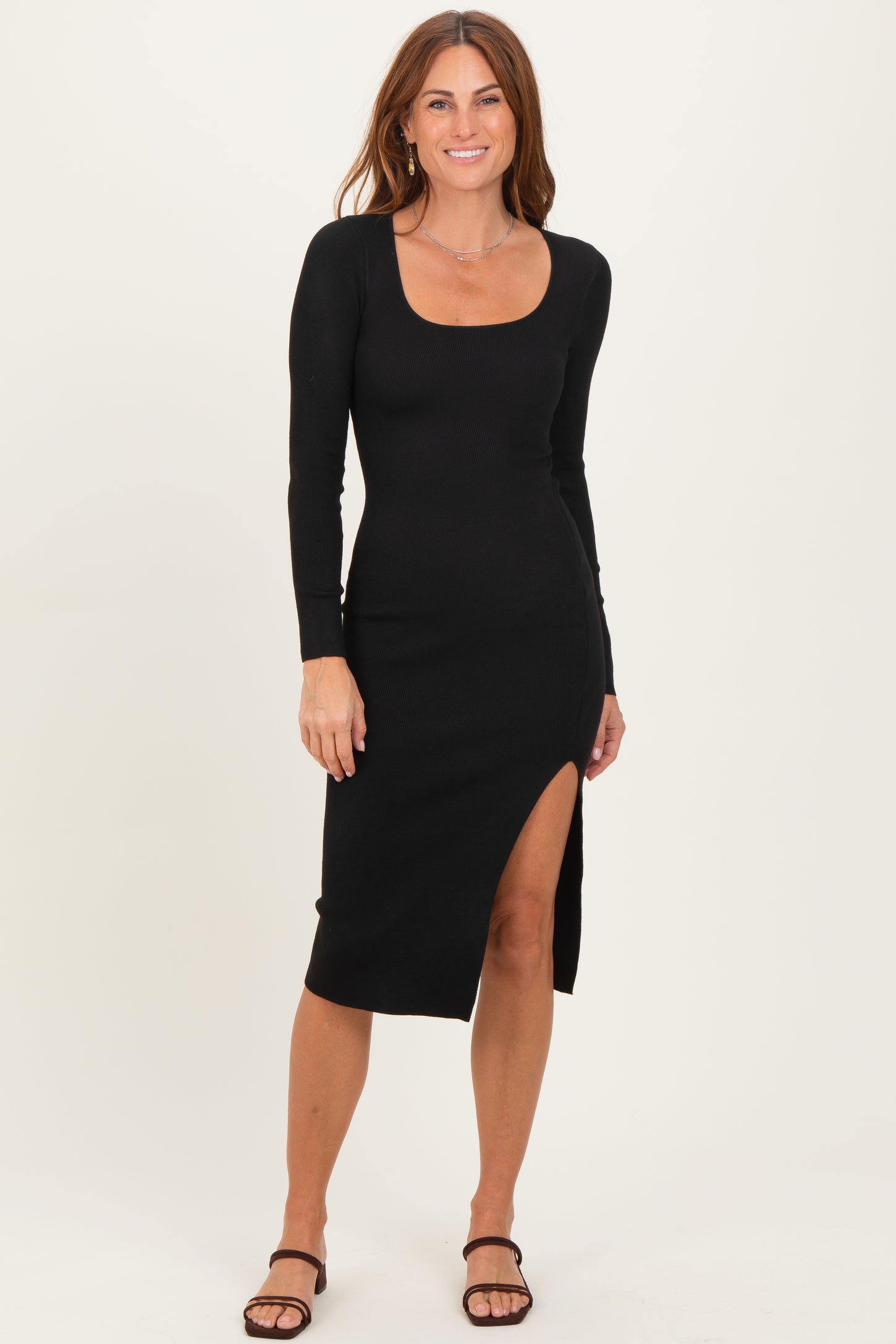 Black Knit Square Neck Slit Midi Dress