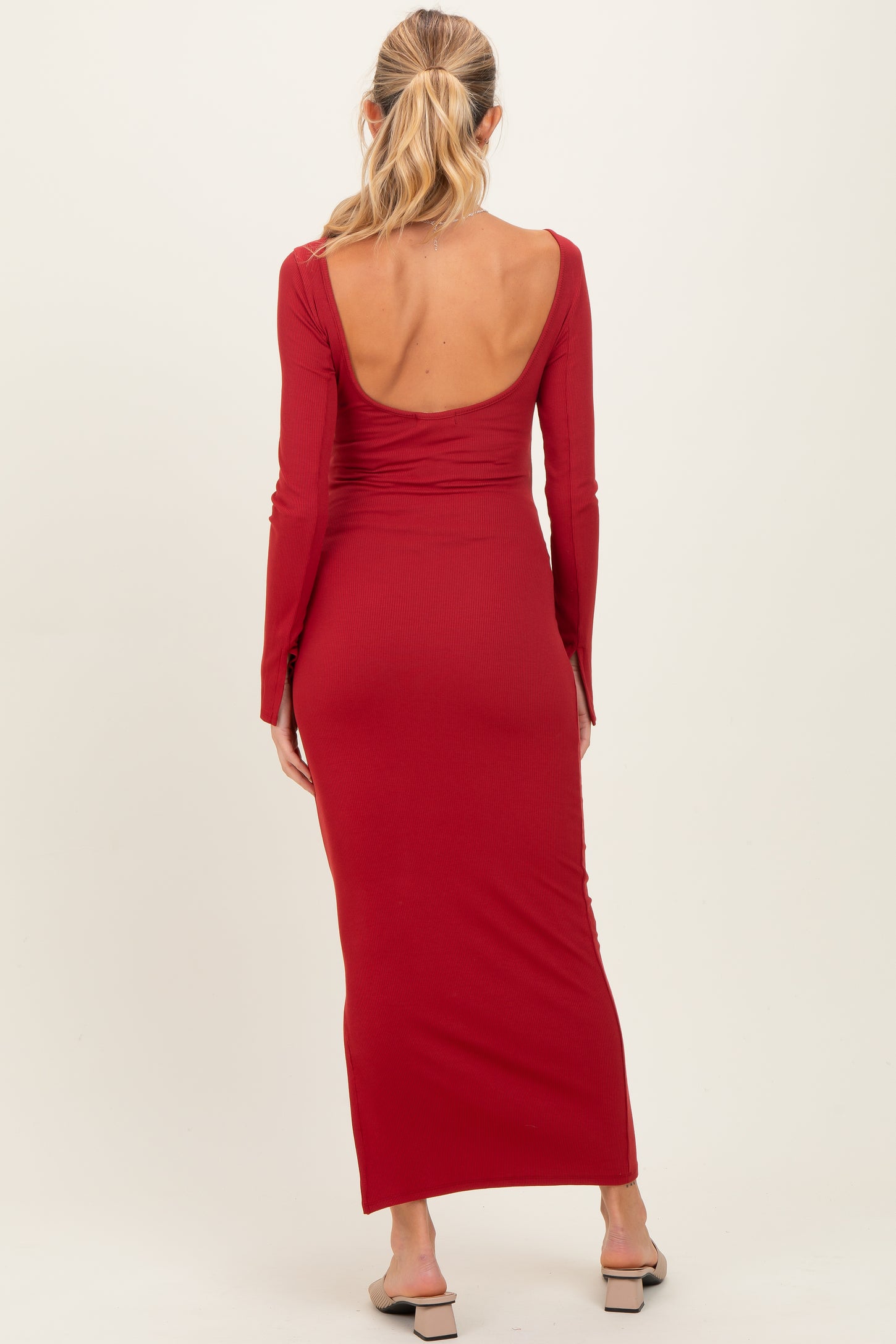 Red Scoop Back Long Sleeve Maternity Maxi Dress