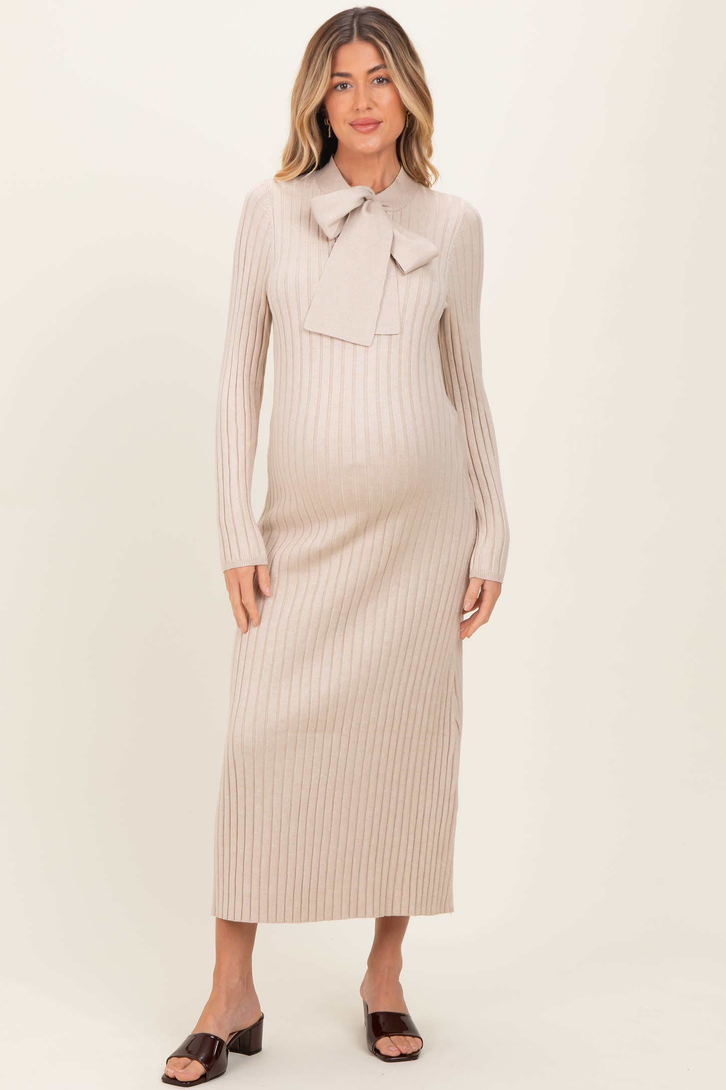 Beige Neck Tie Sweater Maternity Dress