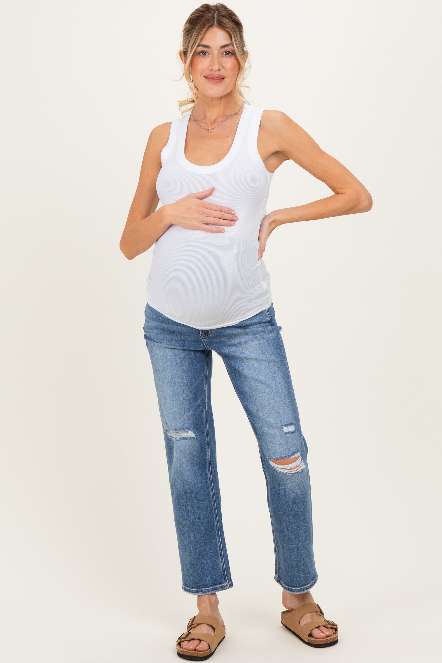 Blue Distressed Open Knee Ankle Straight Leg Maternity Jeans