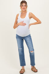 Blue Distressed Open Knee Ankle Straight Leg Maternity Jeans