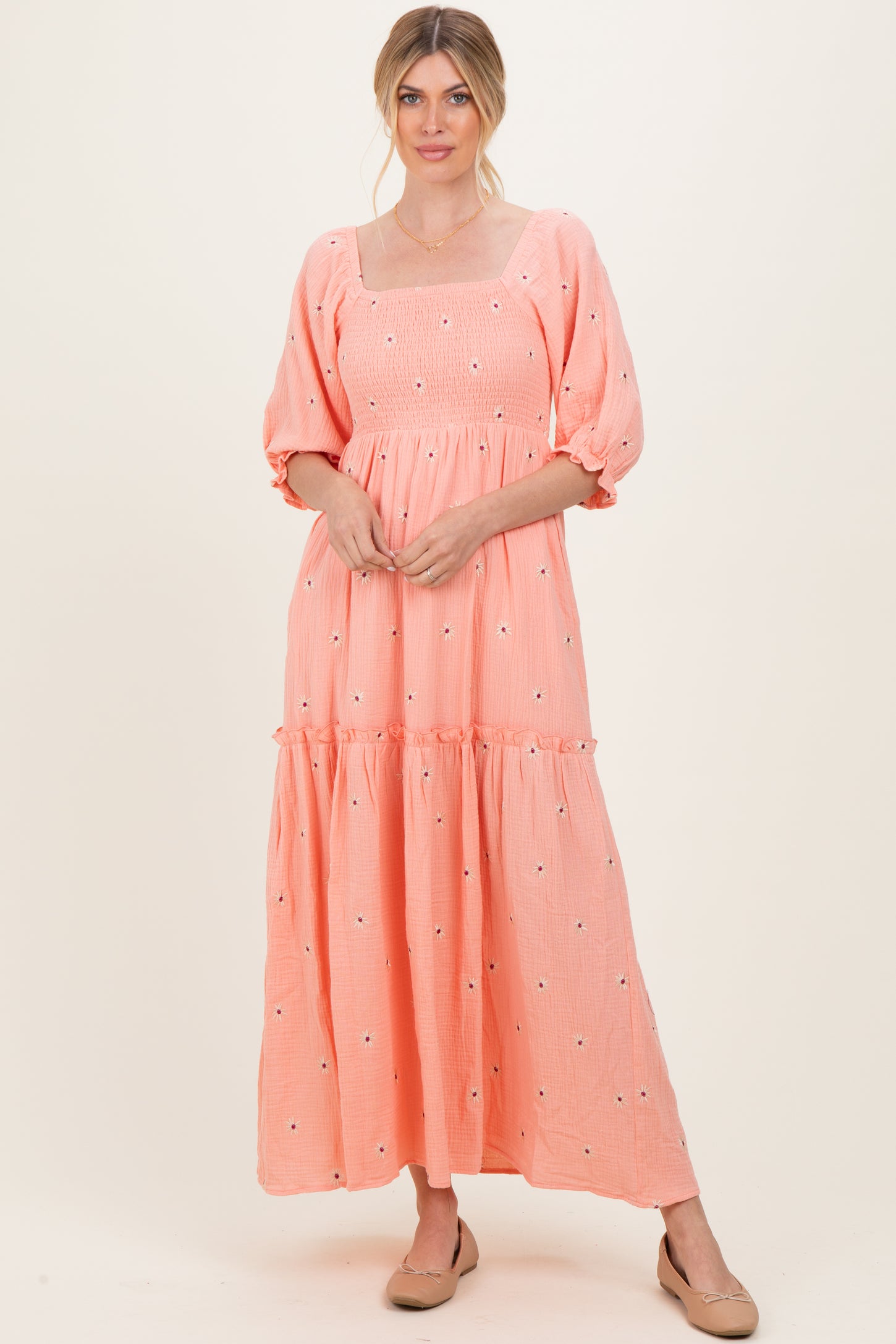 Light Pink Floral Smocked Puff Sleeve Maxi Dress