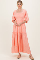 Light Pink Floral Smocked Puff Sleeve Maxi Dress