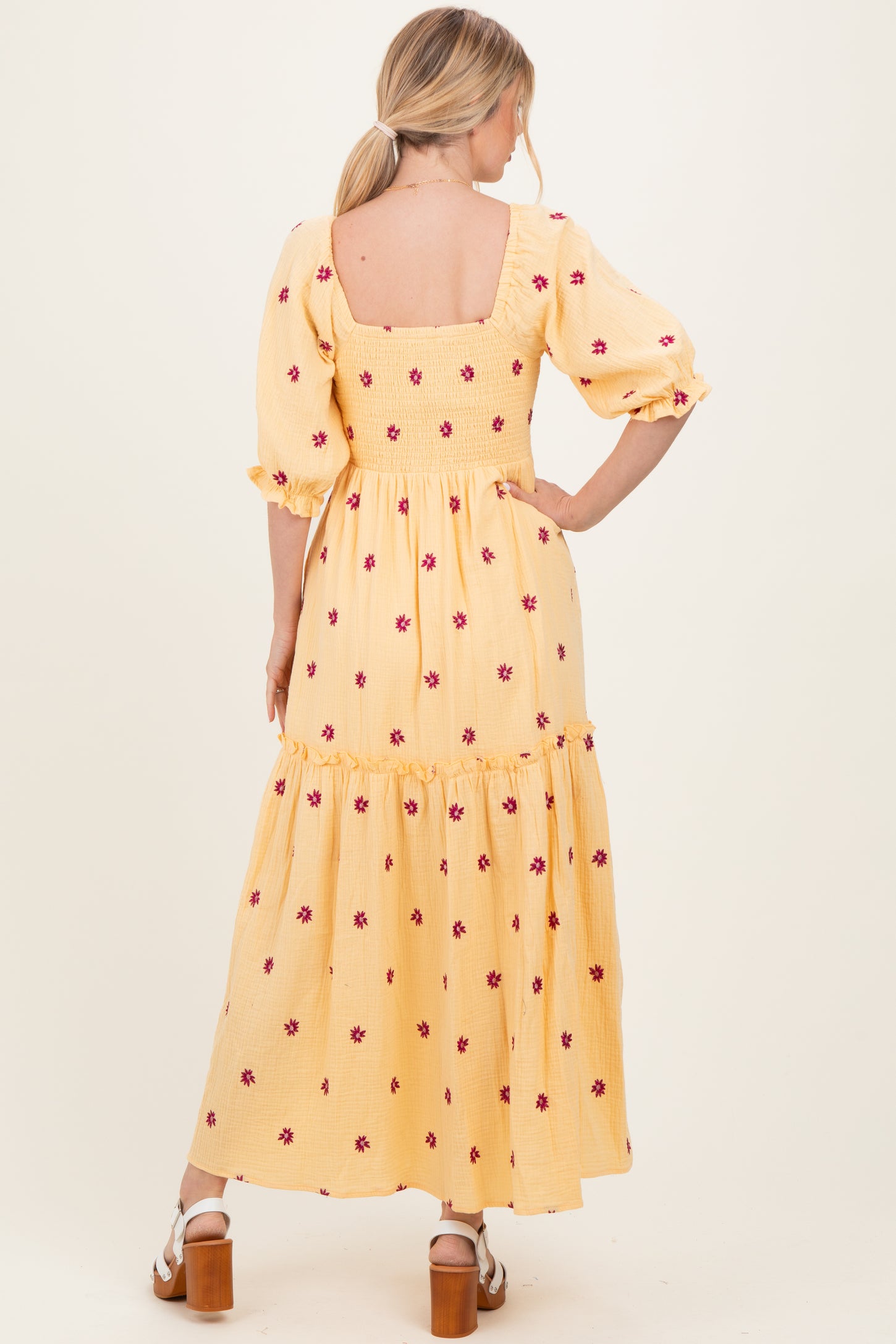 Yellow Floral Smocked Puff Sleeve Maxi Dress