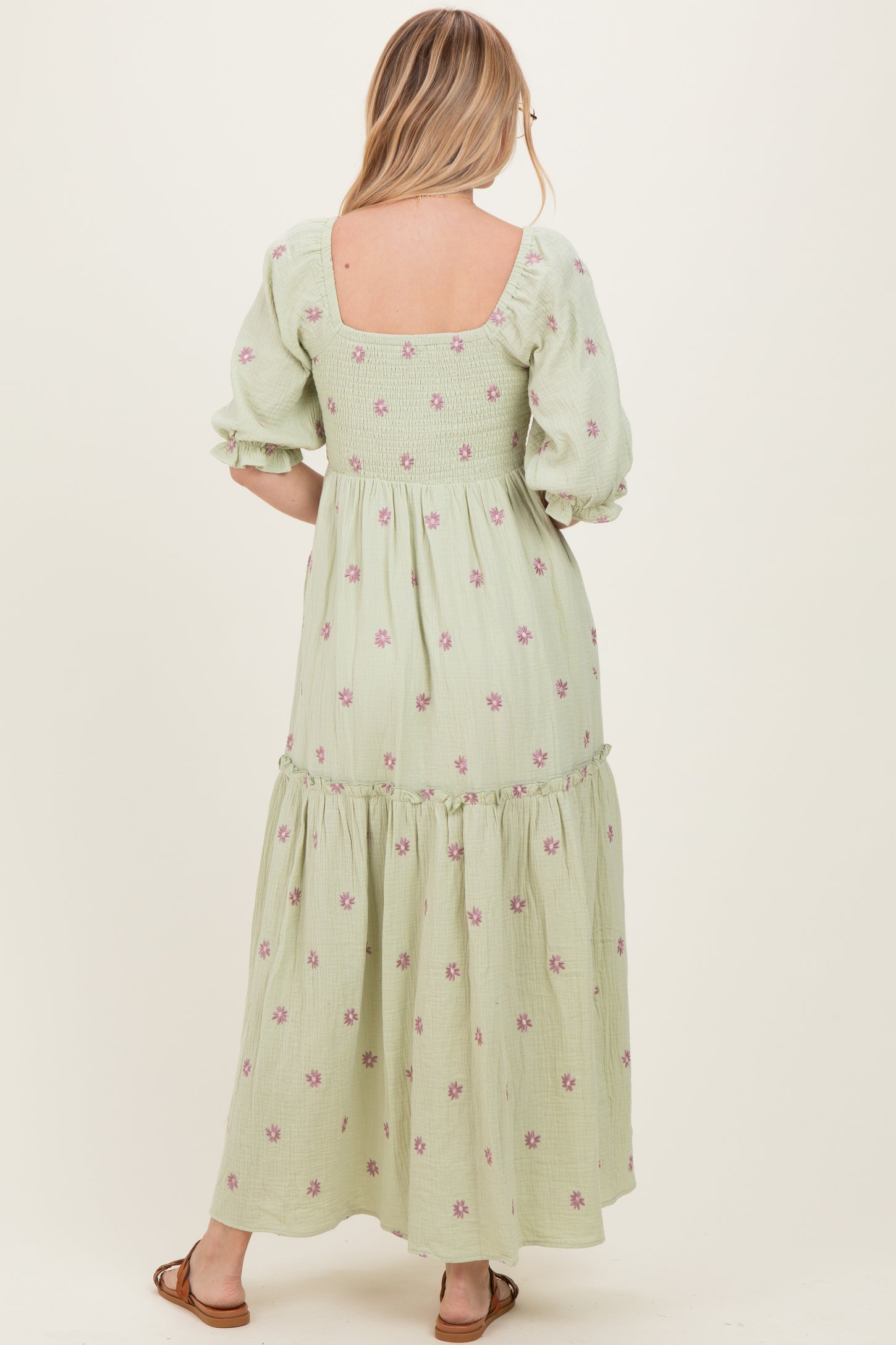 Mint Floral Smocked Puff Sleeve Maxi Dress