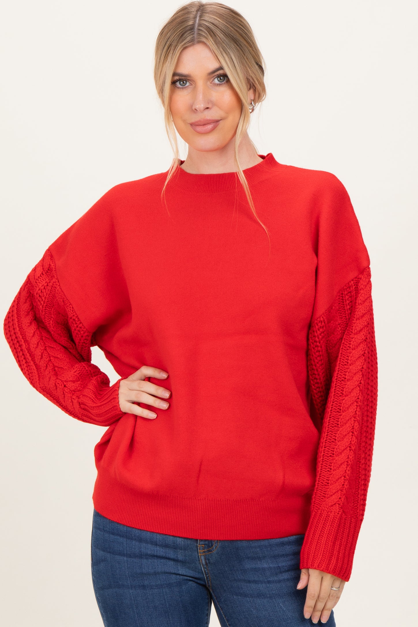 Red Cable Knit Sleeve Round Neck Maternity Sweater