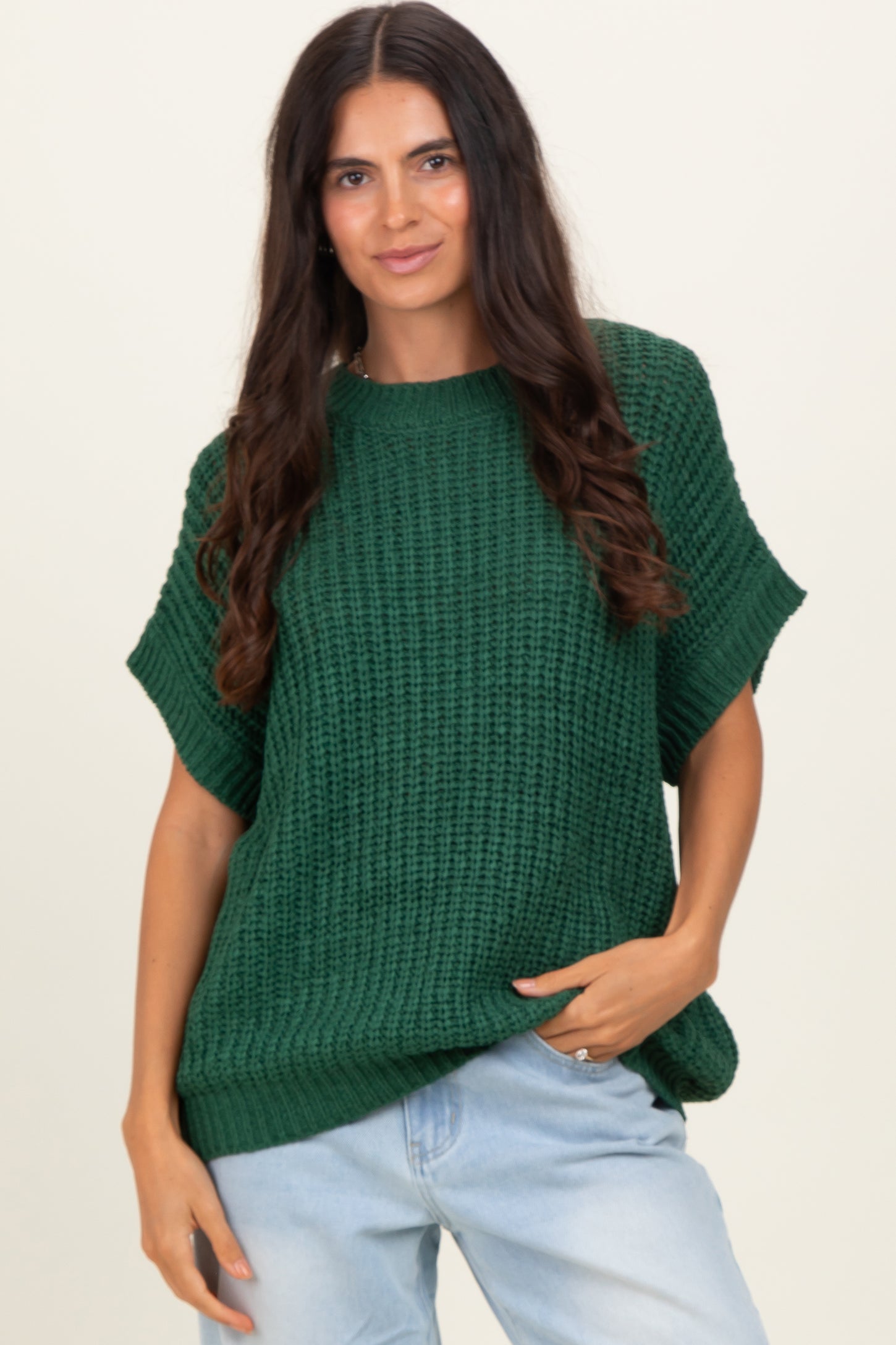 Green Short Sleeve Round Neck Sweater