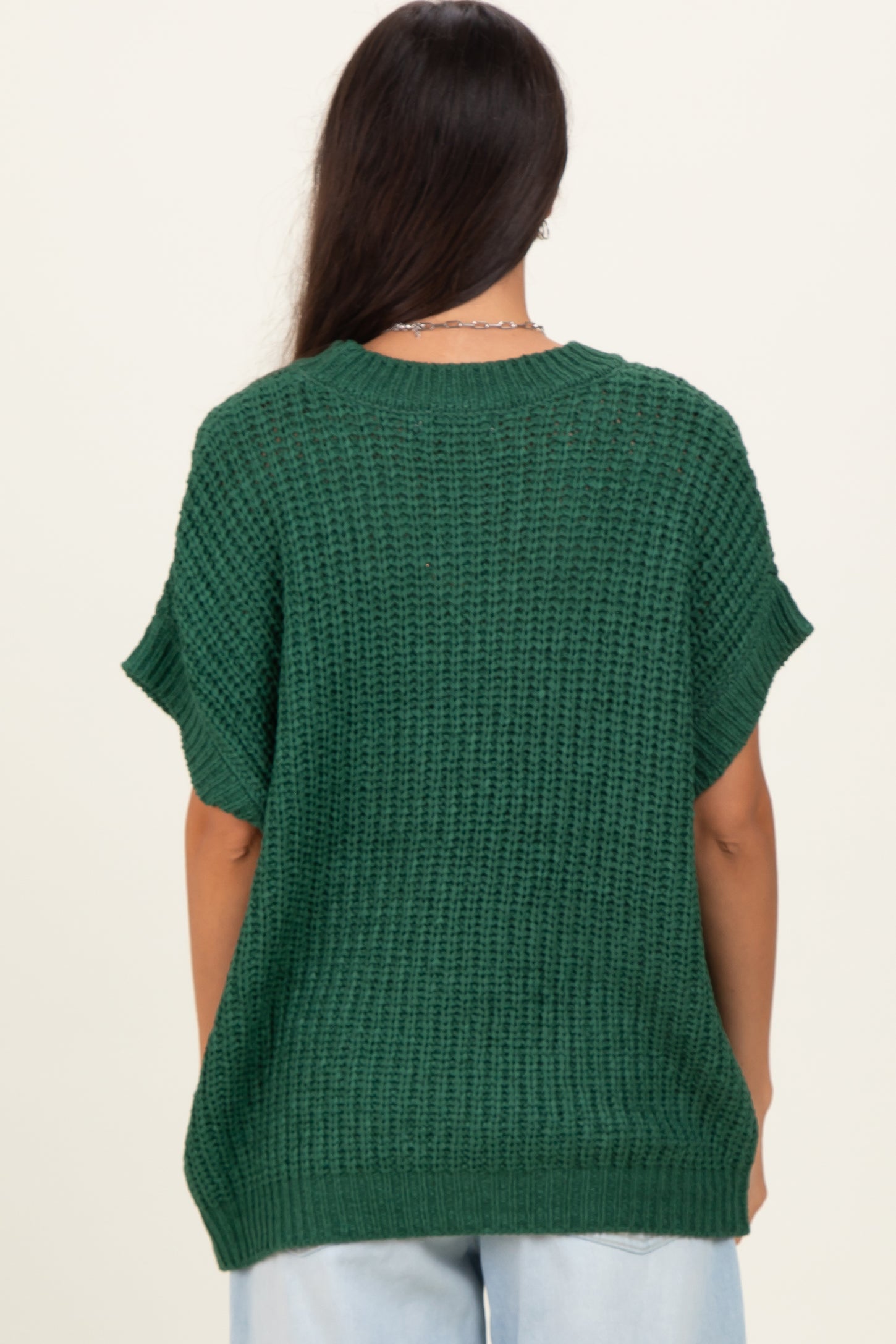 Green Short Sleeve Round Neck Sweater