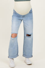 Light Blue Open Knee Cuffed Boyfriend Fit Maternity Jeans
