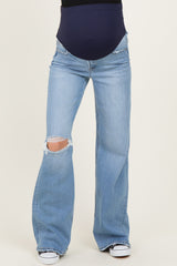 Blue Distressed Knee Wide Leg Maternity Jeans