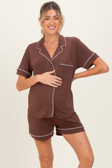 Brown Short Sleeve Button Down Shirt Shorts Maternity Set