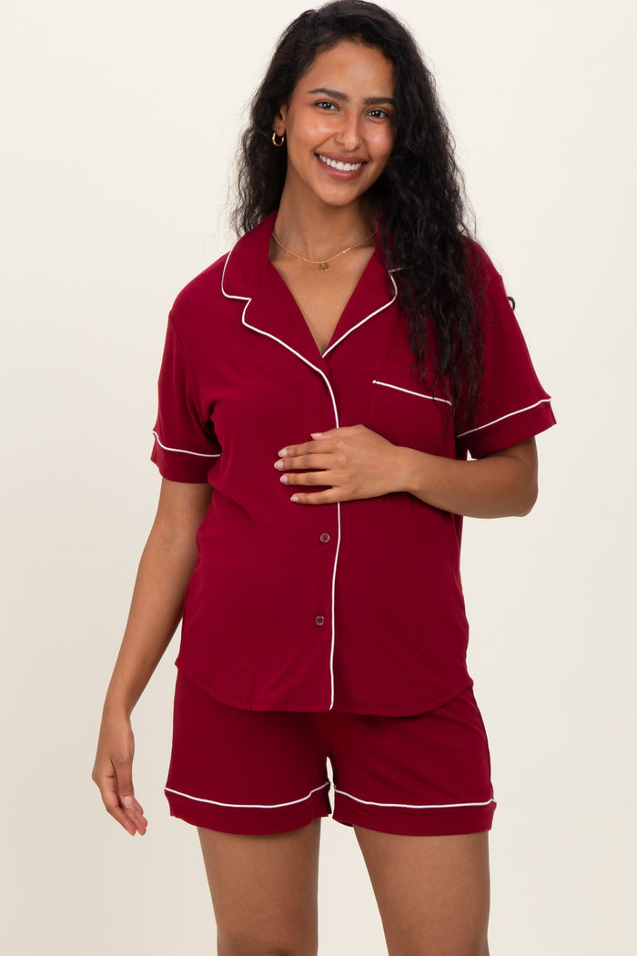 Burgundy Short Sleeve Button Down Shirt Shorts Maternity Set