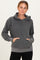 woman wearing a gray hooded sweatshirt with a front pocket and relaxed fit