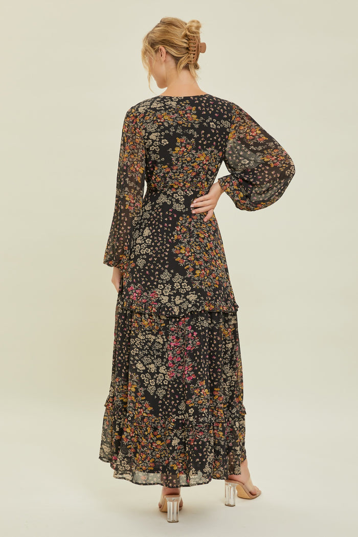 Black Floral Chiffon V-Neck Long Sleeve Maxi Dress
