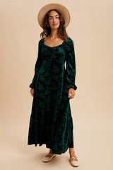 Emerald Green Velvet Jacquard Floral Maxi Dress