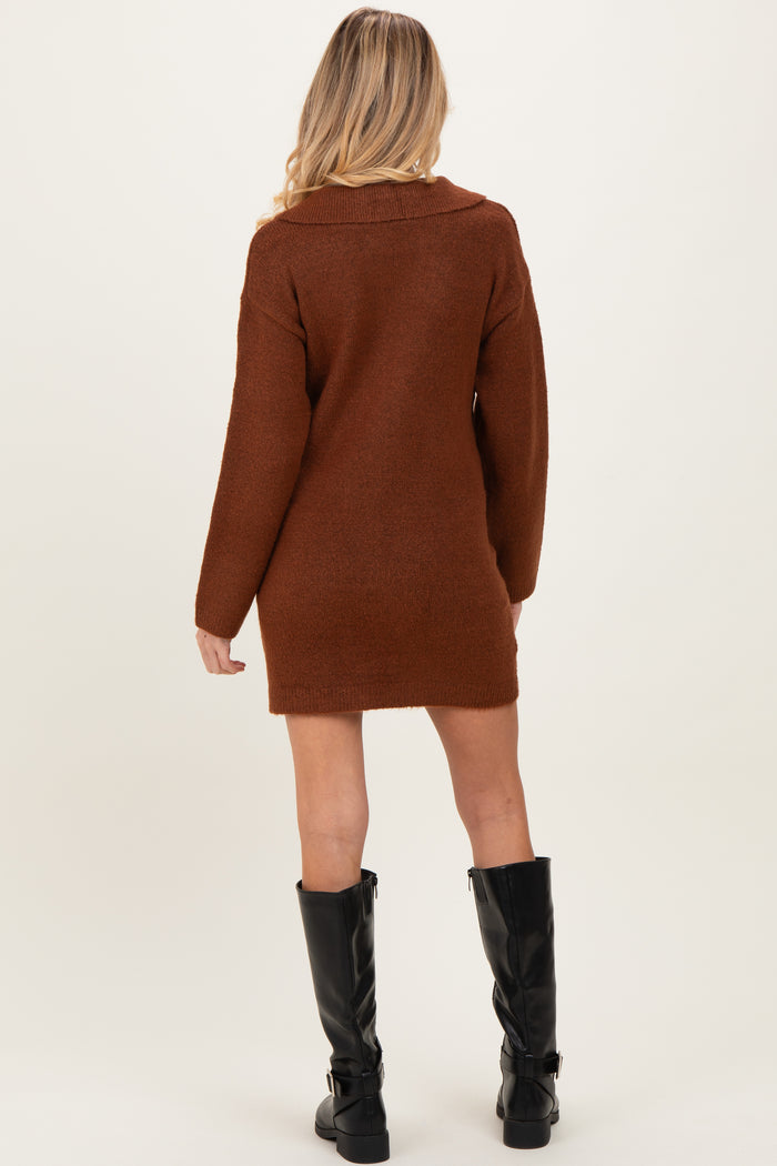 Brown Long Sleeve Polo Maternity Sweater Dress