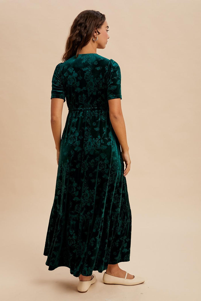 Forest Green Velvet Floral Button Down Maxi Dress