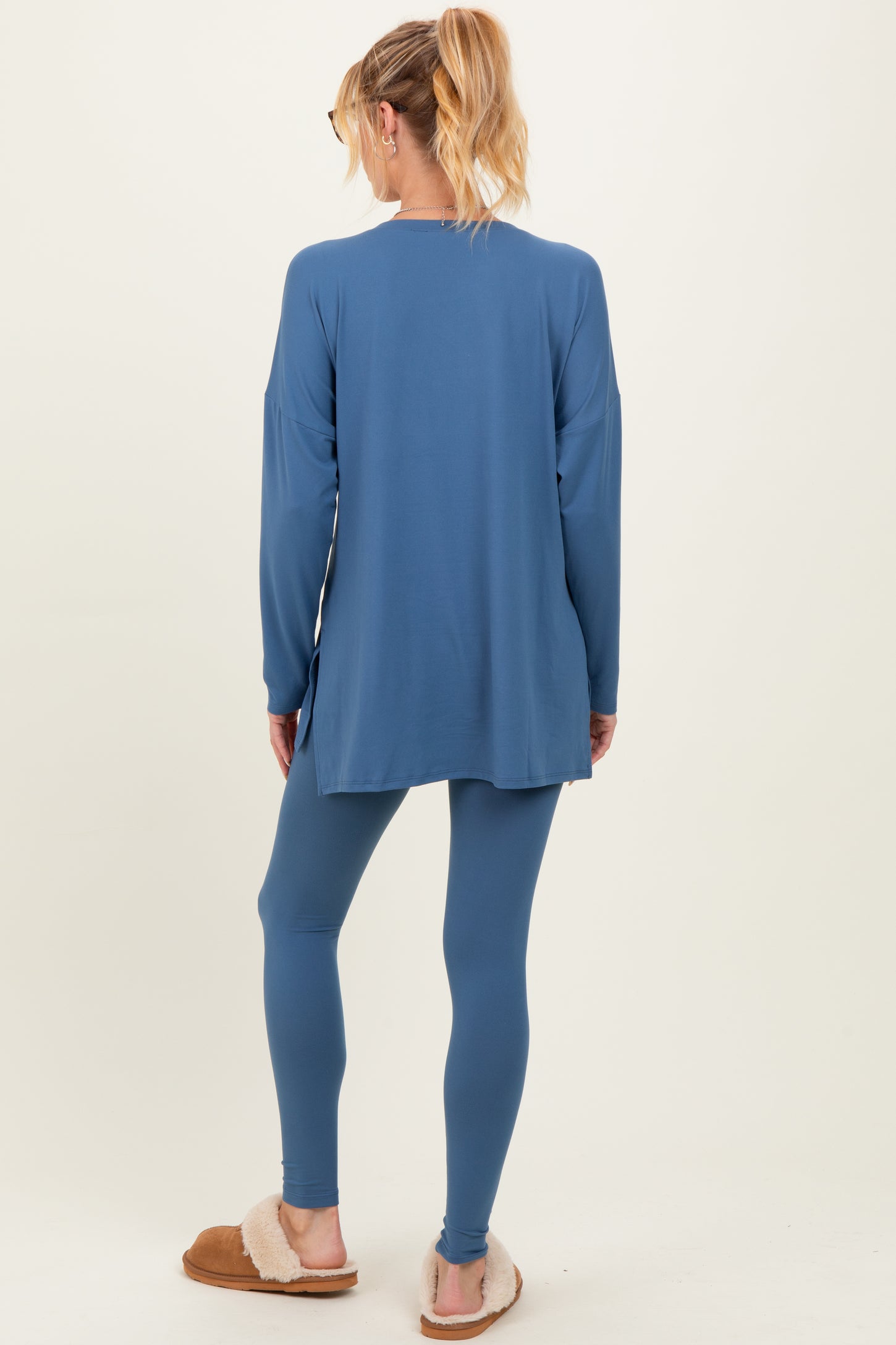 Blue Brushed Knit Maternity Oversized Top and Legging Set
