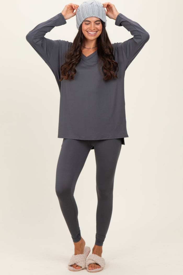 Charcoal Brushed Knit Maternity Oversized Top and Legging Set