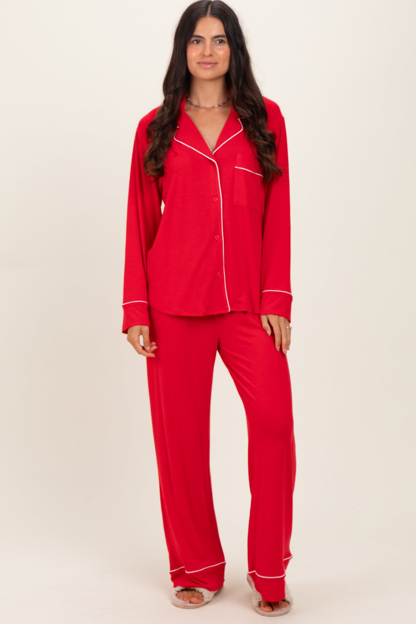 Red Button Down Top Wide Leg Pant Pajama Set