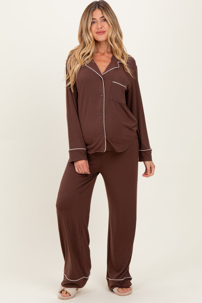 Brown Button Down Top Wide Leg Pant Maternity Pajama Set