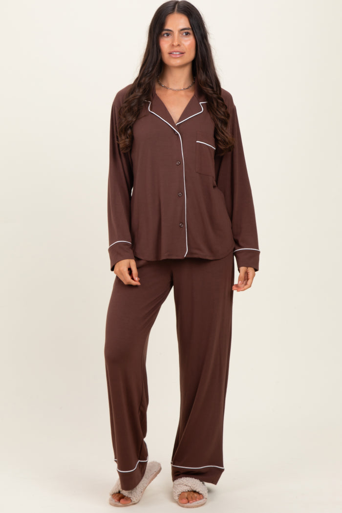 Brown Button Down Top Wide Leg Pant Maternity Pajama Set