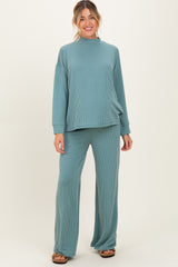 Jade Textured Rib Mock Neck Long Sleeve Pants Maternity Set