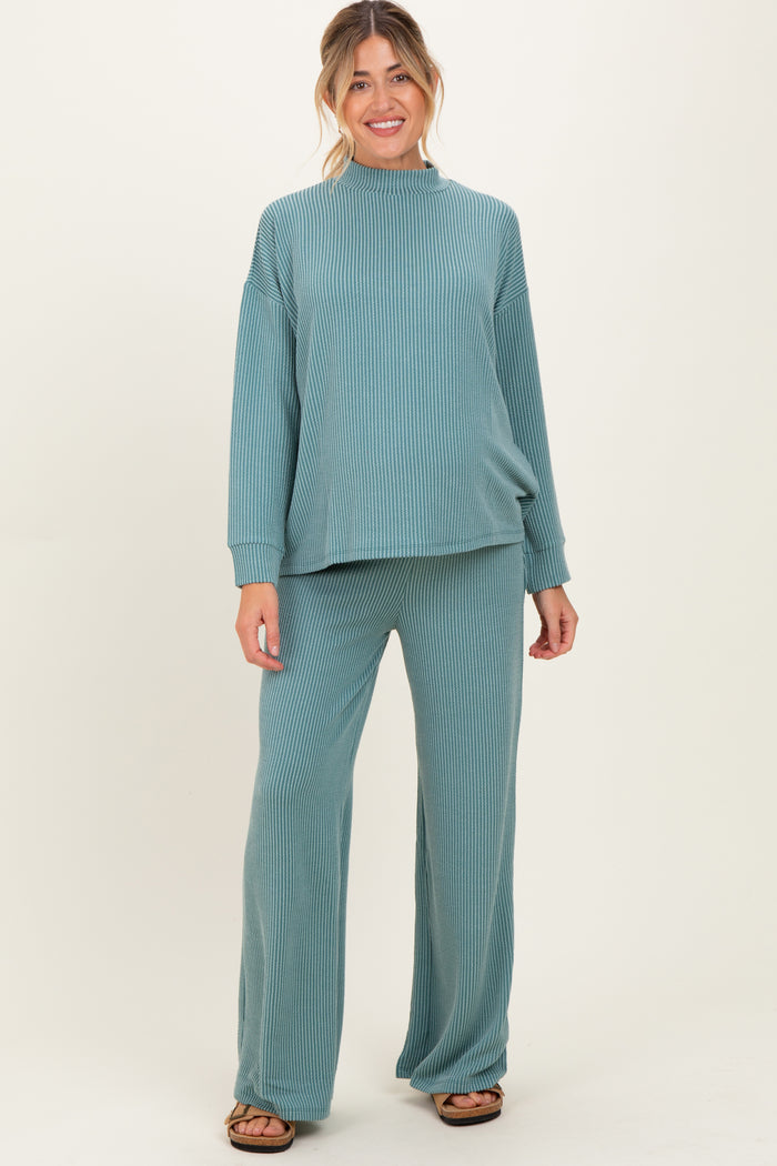 Jade Textured Rib Mock Neck Long Sleeve Pants Maternity Set