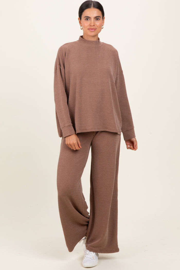 Mocha Textured Rib Mock Neck Long Sleeve Pants Set