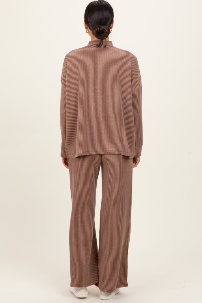 Mocha Textured Rib Mock Neck Long Sleeve Pants Set