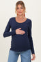 Navy Ribbed Long Sleeve Lettuce Trim Maternity Top