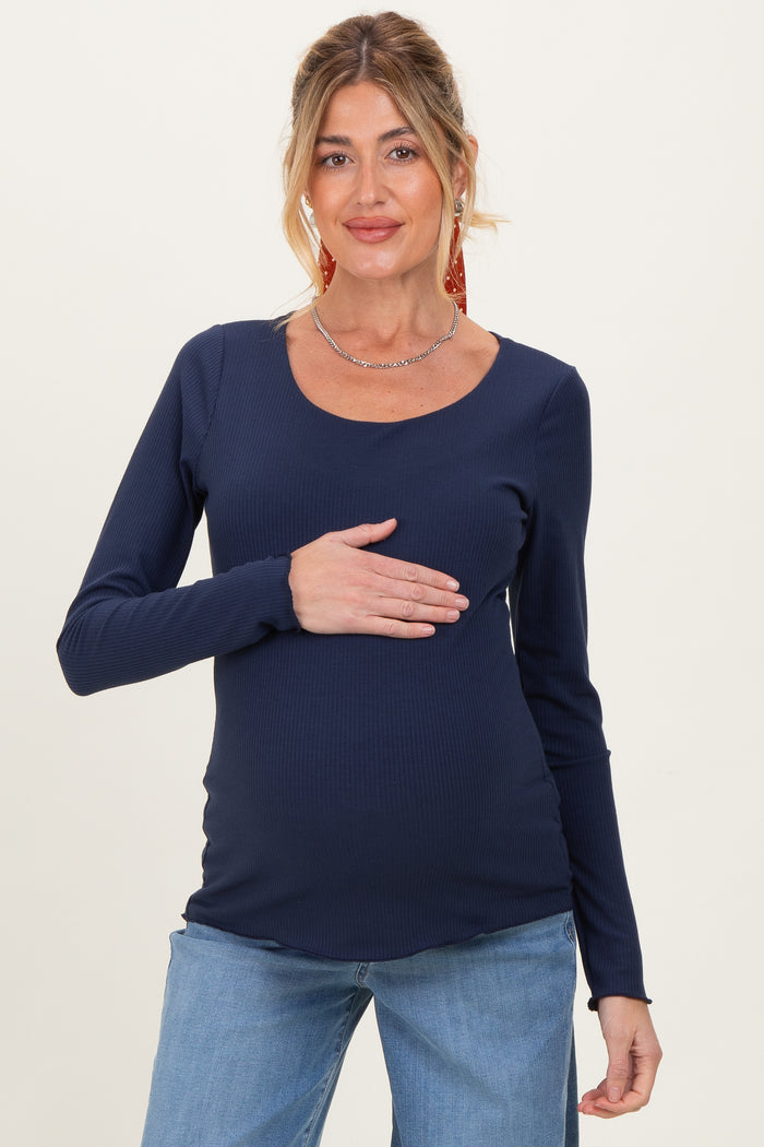 Navy Ribbed Long Sleeve Lettuce Trim Maternity Top