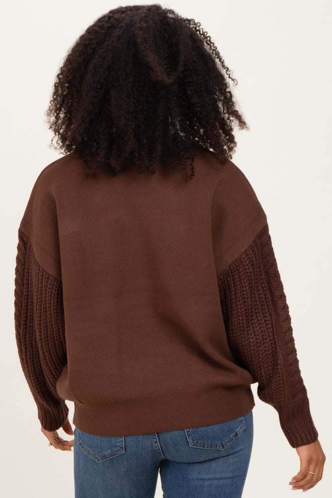 Brown Cable Knit Sleeve Round Neck Maternity Sweater
